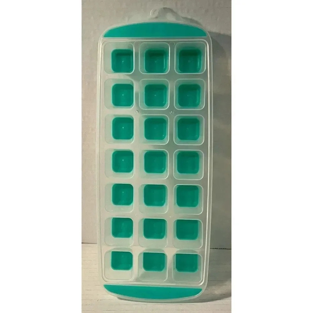 21 Cube Ice Cube‎ Tray Stackable Easy-Release Silicone & Plastic Teal Bottom